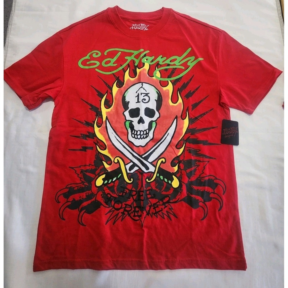 Ed Hardy Tattoo Flame Skull Lucky 13 Tee Red T Shirt Mens Small